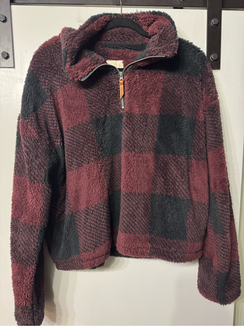 Cozy Half-Zip Pullover Sweater - Burgundy/Black Plaid
